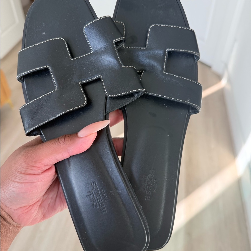 Hermes Black Slide Sandals with H-Design
